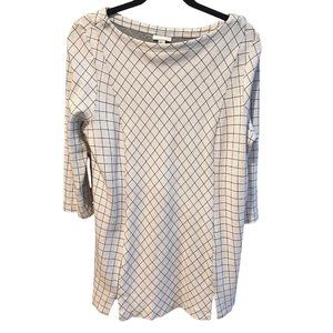 J Jill Ponte Knit Tunic L Petite Windowpane Check 3/4 Sleeve Pullover Grey Black